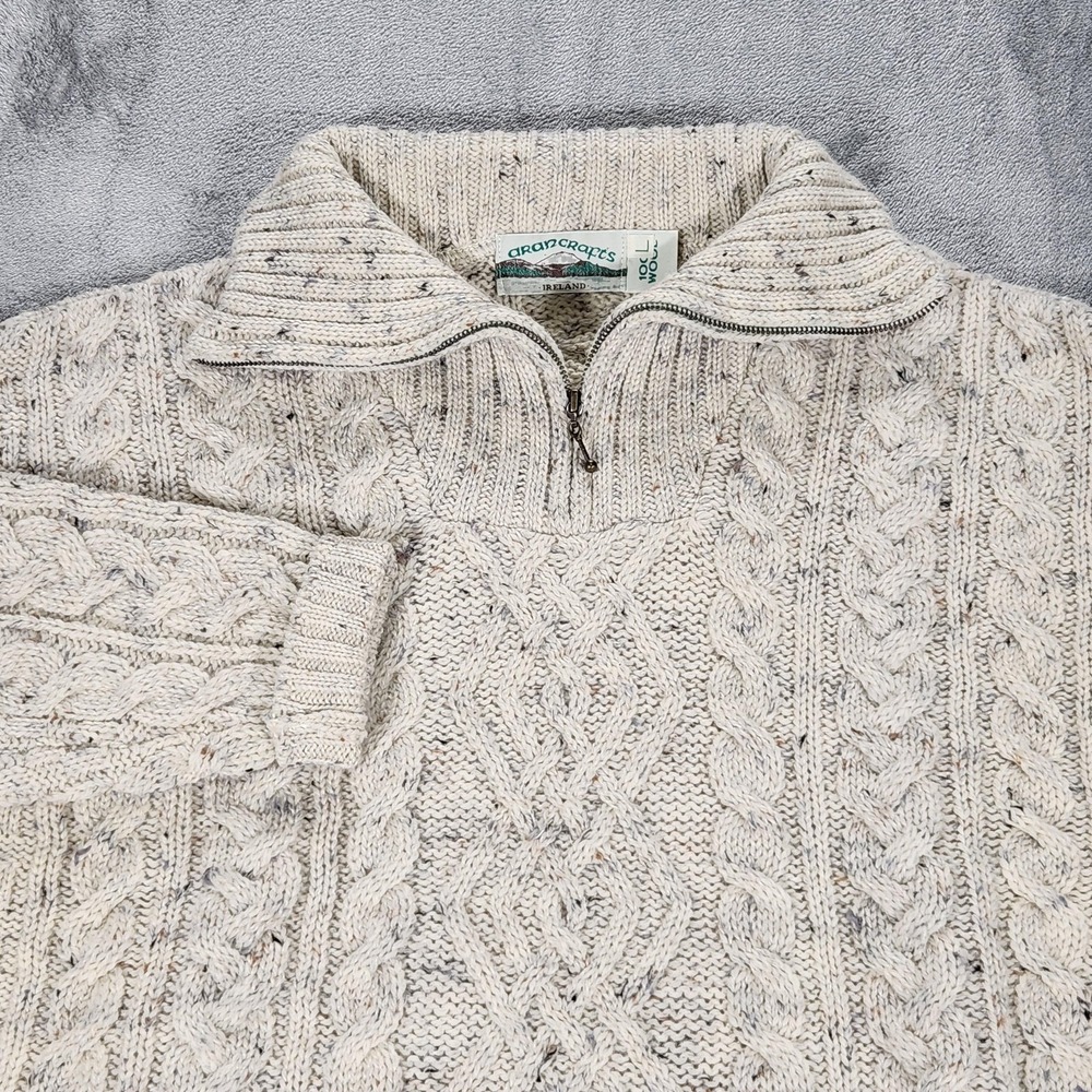 Aran Crafts Sweater Mens Medium White 100% Wool 1/4 Zip Mock Neck Cable Knit